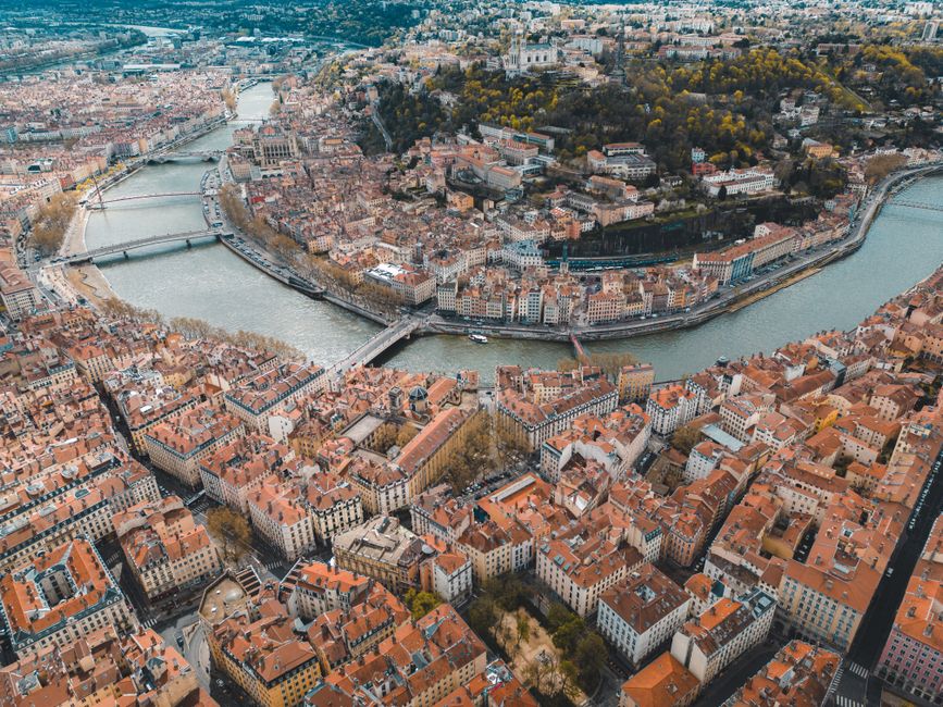 Aerial view of Lyon with its rivers and old town