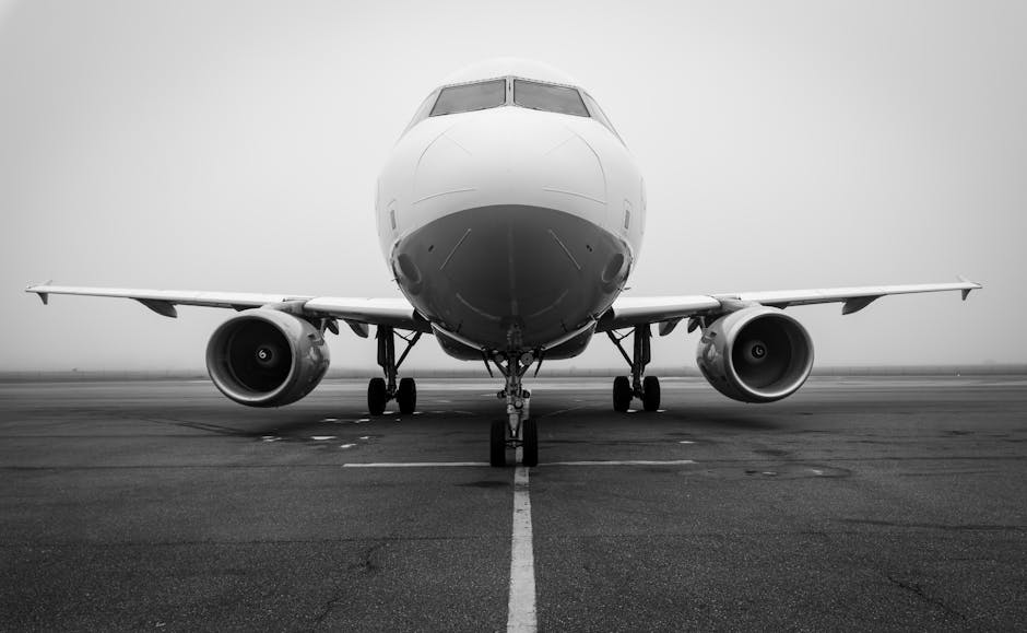 A black and white photo of an airplane on a foggy runway, captured head-on. Ideal for aviation themes.