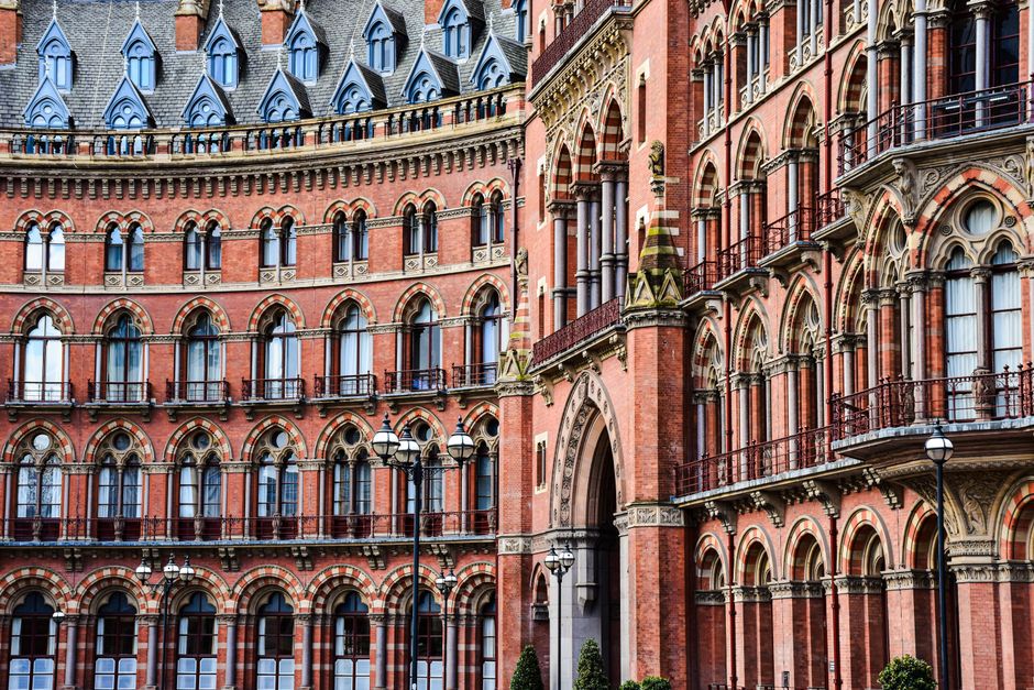 Detailed exterior view of the iconic St Pancras Renaissance Hotel in London, showcasing its Victorian architecture.