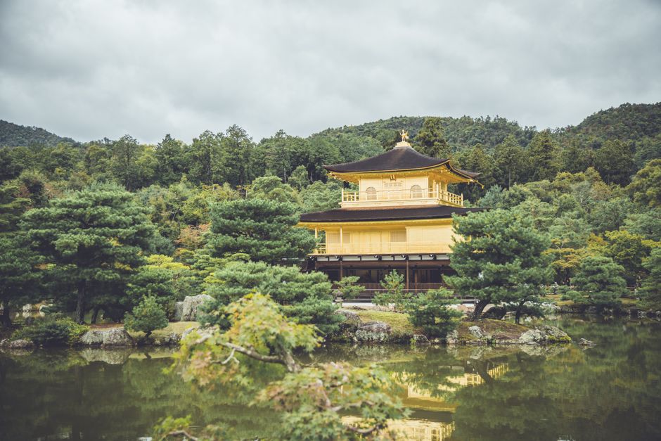 Serene view of Kinkaku-ji, the Golden Pavilion, surrounded by lush trees in Kyoto, Japan.
