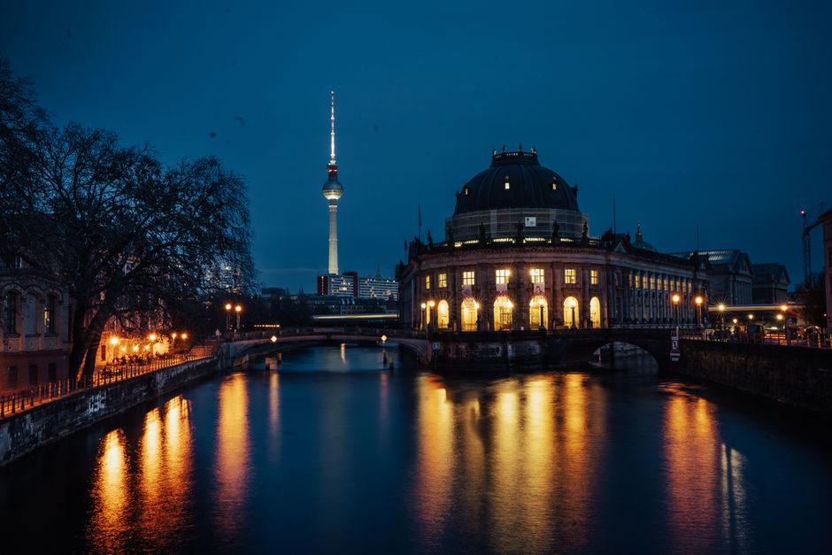 Museum Island in Berlin at night with the TV Tower behind