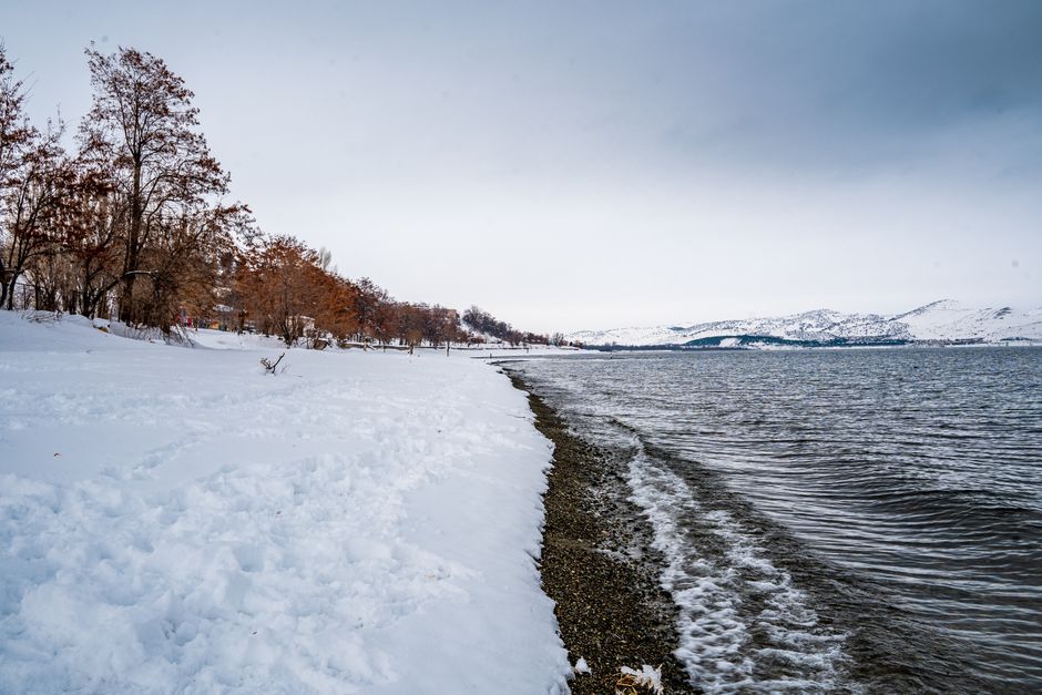 A serene winter landscape of Elâzığ's shoreline with snow, trees, and mountains.